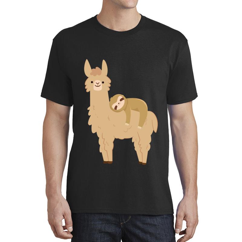 Adorable Sloth Relaxing On A Llama Unisex T-Shirt Men Black