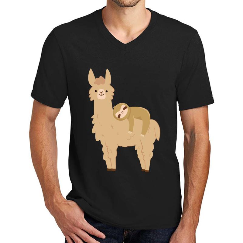 Adorable Sloth Relaxing On A Llama Unisex V-Neck T-Shirt Men Black