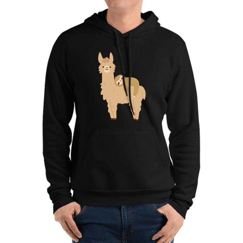 Adorable Sloth Relaxing On A Llama Unisex Hooded Sweatshirt Men Black