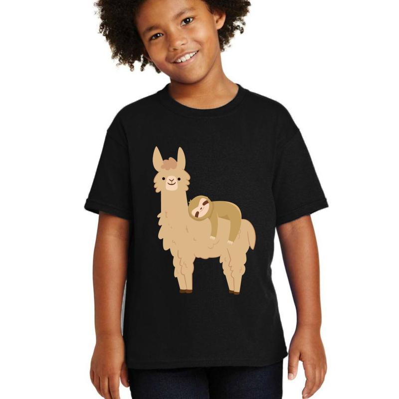 Adorable Sloth Relaxing On A Llama Youth T-Shirt Boy Black