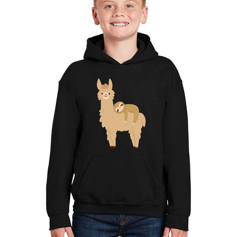 Adorable Sloth Relaxing On A Llama Youth Hooded Sweatshirt Boy Black