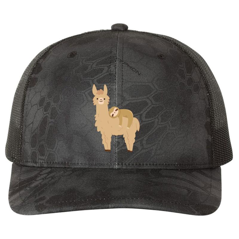 Adorable Sloth Relaxing On A Llama Richardson Premium Trucker Snapback Cap  Kryptek Typhon Black