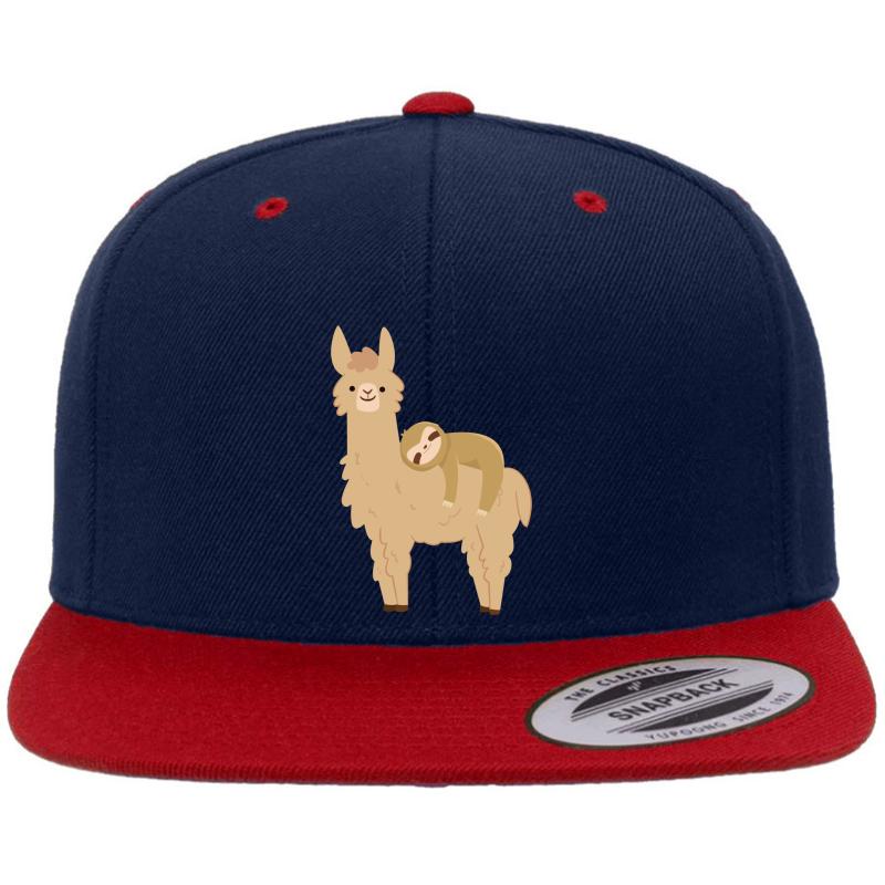 Adorable Sloth Relaxing On A Llama Premium Flat Bill Snapback Cap  Navy