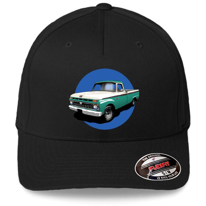 1966 Ford F100 Custom Cab - Teal & White Flexfit Baseball Cap  Black