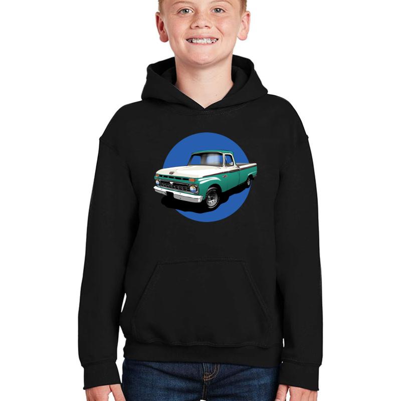 1966 Ford F100 Custom Cab - Teal & White Youth Hooded Sweatshirt Boy Black