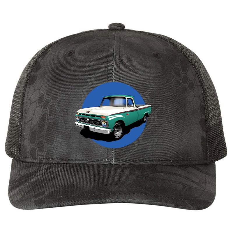 1966 Ford F100 Custom Cab - Teal & White Richardson Premium Trucker Snapback Cap  Kryptek Typhon Black