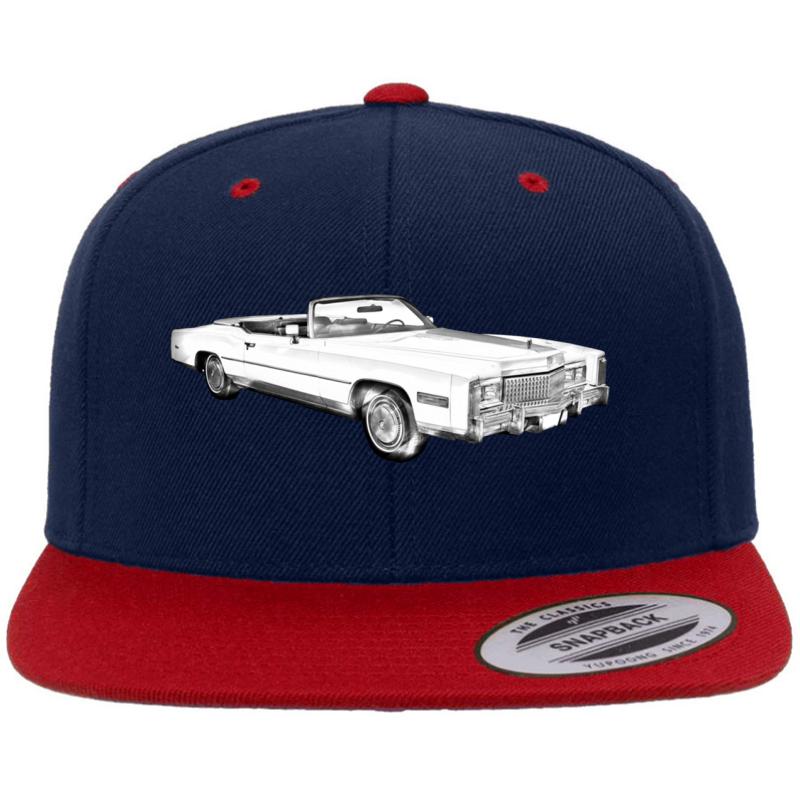 1975 Cadillac Eldorado Convertible Illustration Premium Flat Bill Snapback Cap  Navy