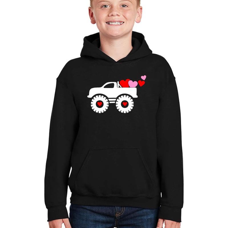 Valentine Monster Truck Loads Of Love Hearts Gift Youth Hooded Sweatshirt Boy Black