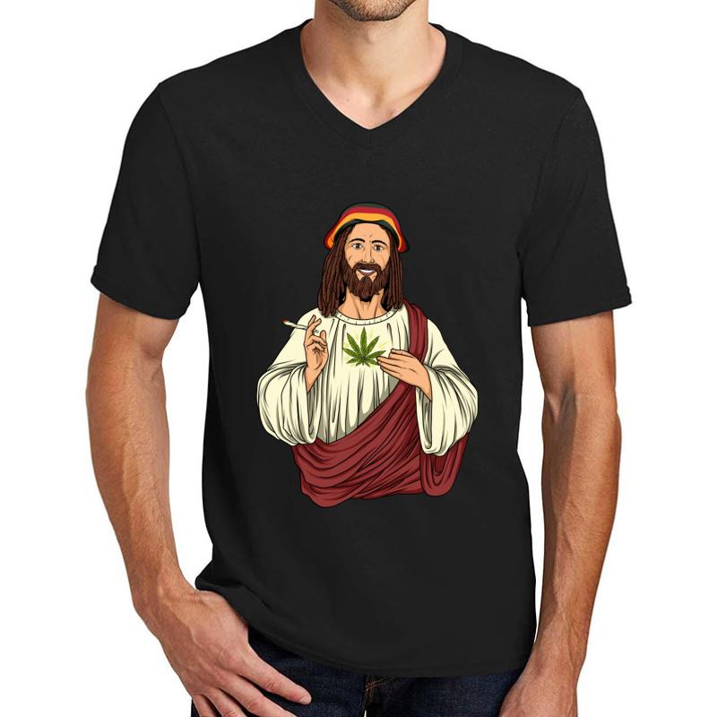 Weed Smoking Jesus Christ - Cannabis Stoner Thc Unisex V-Neck T-Shirt Men Black