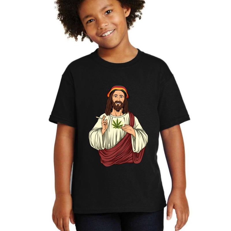 Weed Smoking Jesus Christ - Cannabis Stoner Thc Youth T-Shirt Boy Black