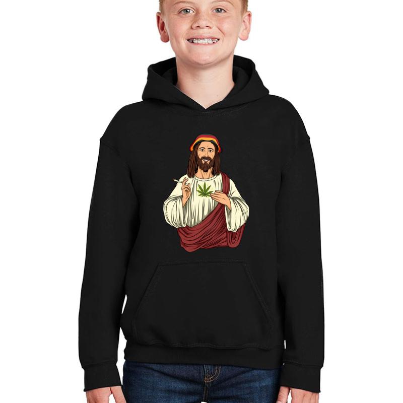 Weed Smoking Jesus Christ - Cannabis Stoner Thc Youth Hooded Sweatshirt Boy Black