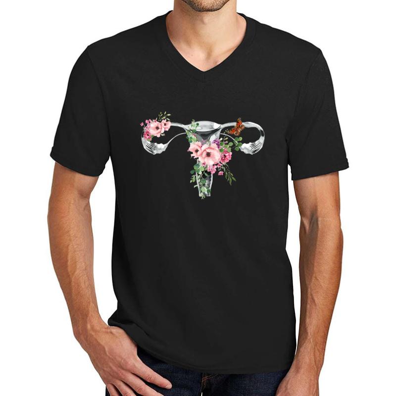 Uterus Pro Choice Feminist Pink Flower Unisex V-Neck T-Shirt Men Black