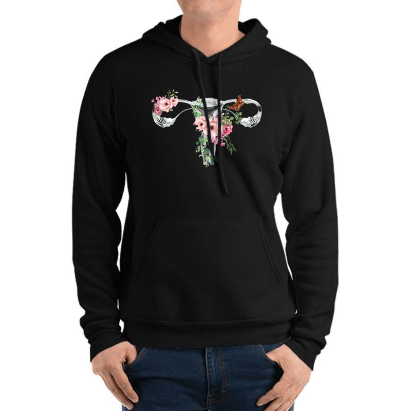 Uterus Pro Choice Feminist Pink Flower Unisex Hooded Sweatshirt Men Black