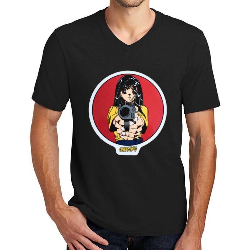 Vintage Anime Girl Hook Ups Skate Brand Gun Girls Cartoon Hookups Hook-Ups Sexy Animated Unisex V-Neck T-Shirt Men Black