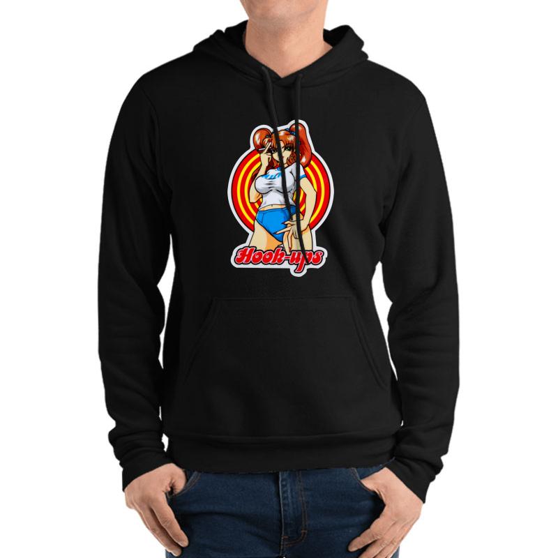 Vintage Anime Girl Hook Ups Hookups Hook-Ups Skate Brand Cartoon Unisex Hooded Sweatshirt Men Black