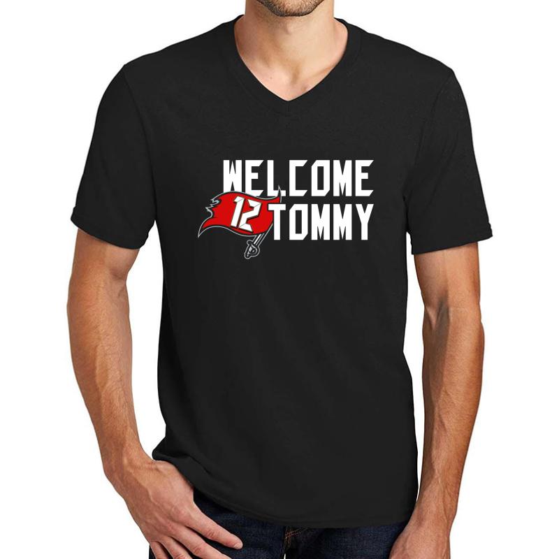 Welcome Tom Brady 12 New Bucs Unisex V-Neck T-Shirt Men Black