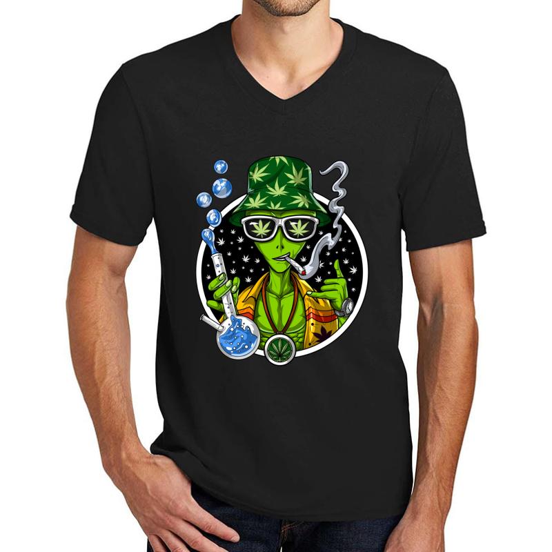 Weed Alien Stoner Unisex V-Neck T-Shirt Men Black