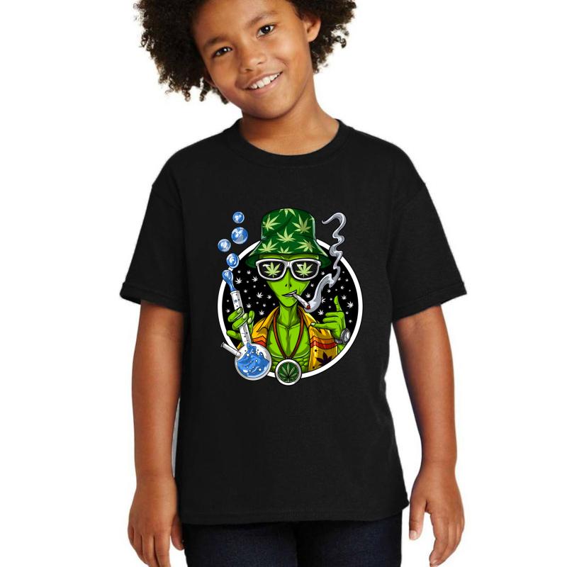 Weed Alien Stoner Youth T-Shirt Boy Black