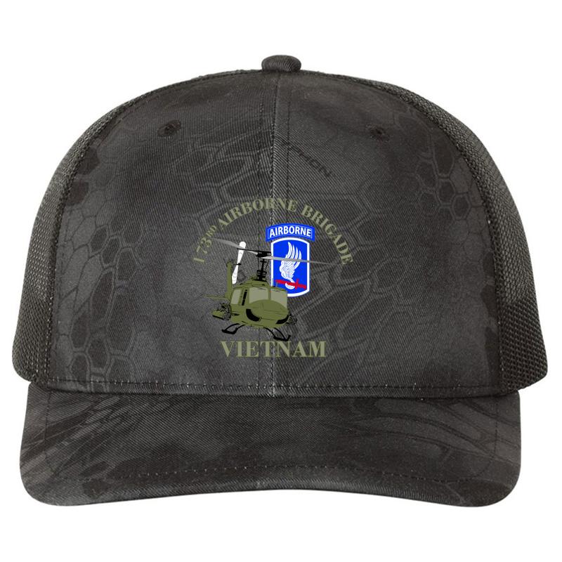 173Rd Airborne Vietnam -Uh-1 Gunship Richardson Premium Trucker Snapback Cap  Kryptek Typhon Black