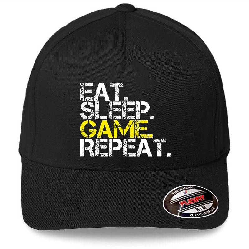 Eat Sleep Game Repeat Funny Gamer Timetable Humorous Premium Flat Bill Snapback Caps