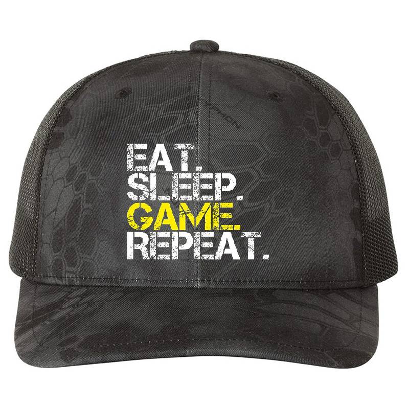 Eat Sleep Game Repeat Funny Gamer Timetable Humorous Premium Flat Bill Snapback Caps