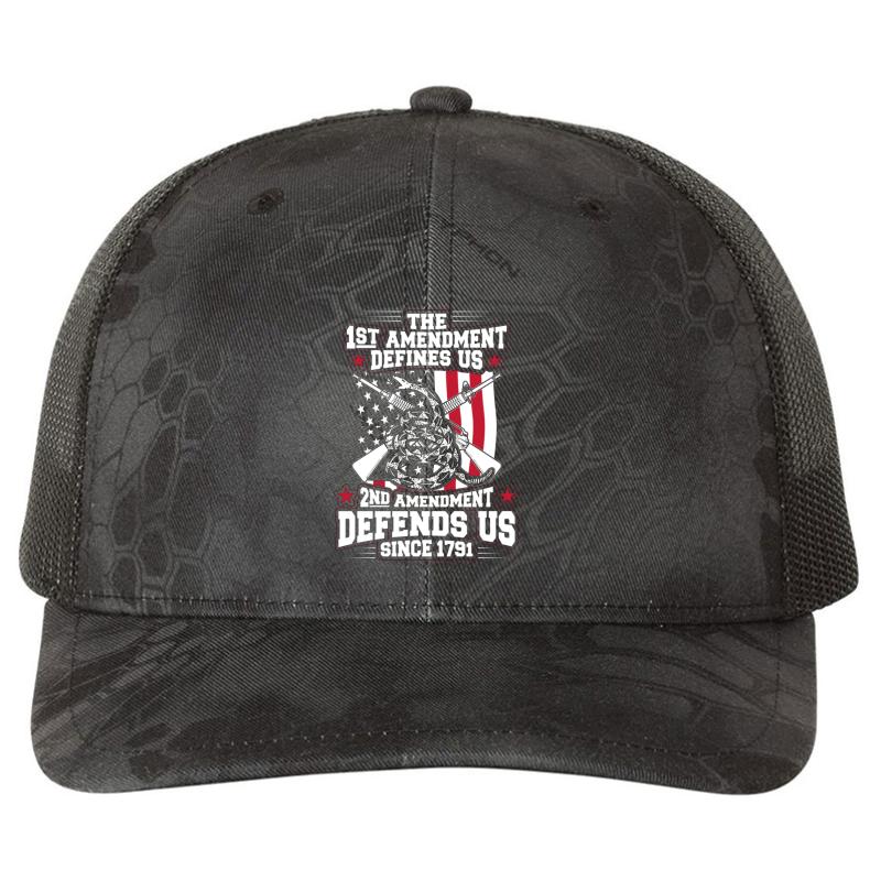 2Nd Amendment First Amendment Defines Us Second Amendment Defends Us Second Amendment Richardson Premium Trucker Snapback Cap  Kryptek Typhon Black