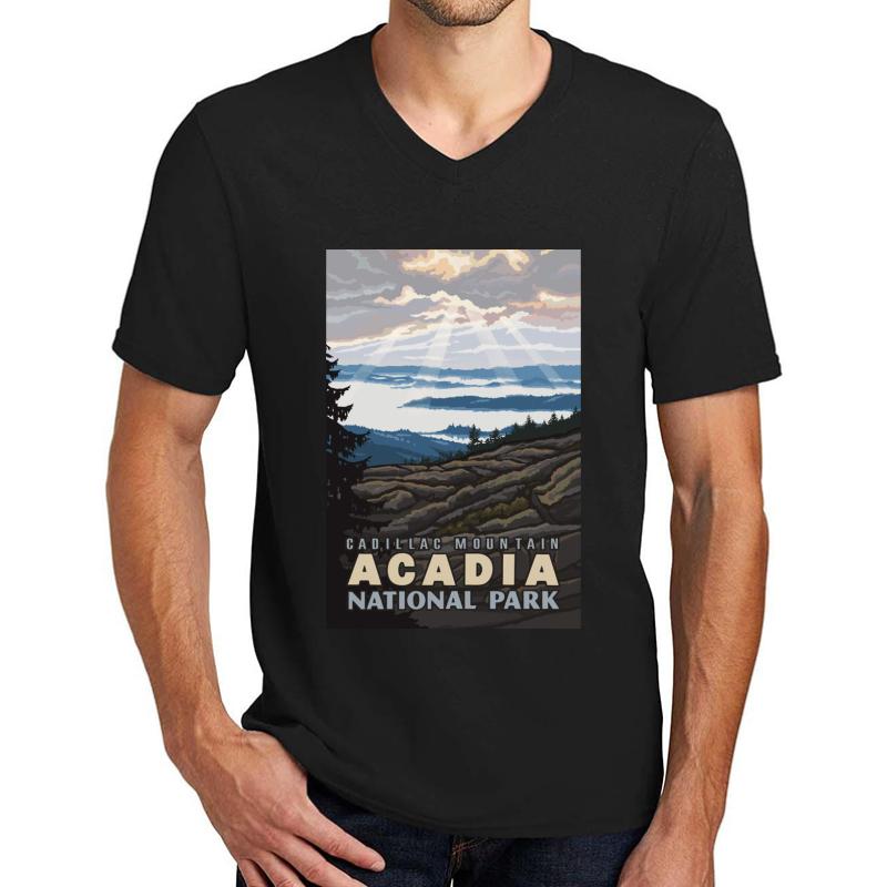 Vintage Cadillac Mountain Acadia National Park Unisex V-Neck T-Shirt Men Black