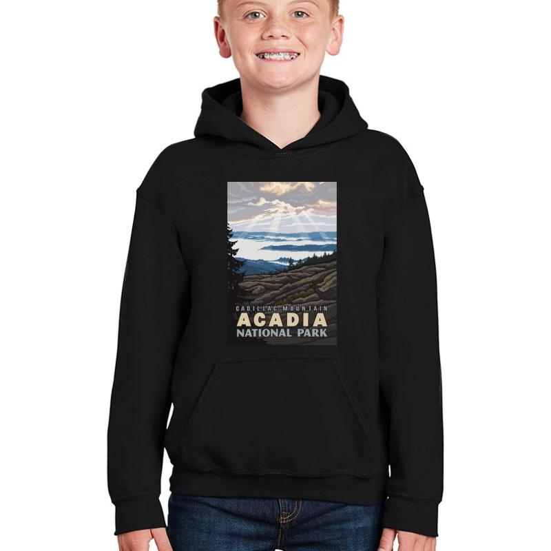 Vintage Cadillac Mountain Acadia National Park Youth Hooded Sweatshirt Boy Black