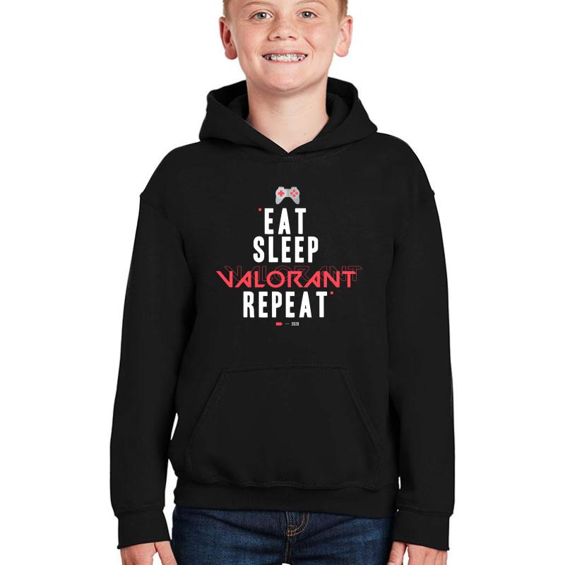 White Eat Sleep Valorant Repeat Youth Hooded Sweatshirt Boy Black