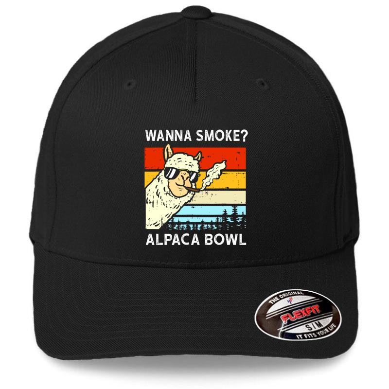 Wanna Smoke Alpaca Bowl Weed Funny Cannabis 420 Stoner Flexfit Baseball Cap  Black