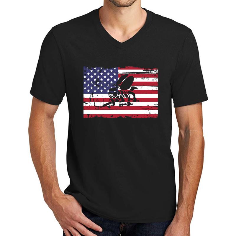 U.S. Navy Seabees American Flag Seabee Logo Unisex V-Neck T-Shirt Men Black