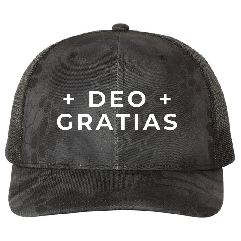 + Deo + Gratias Logo Black Bkg Richardson Premium Trucker Snapback Cap  Kryptek Typhon Black