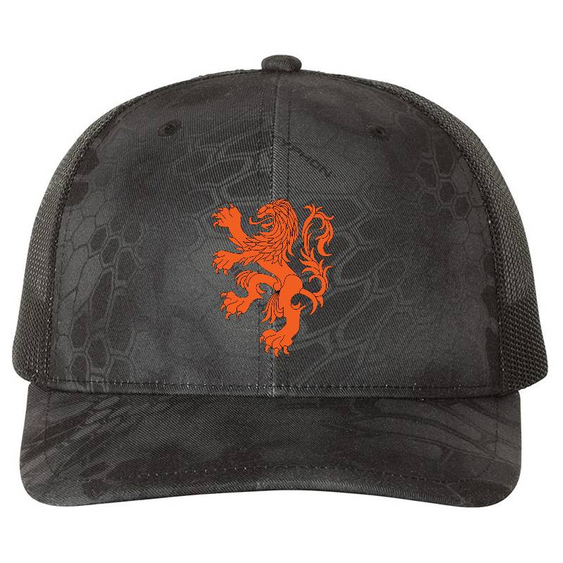 Dutch Lion Orange Black Outline On Black Flexfit Baseball Caps