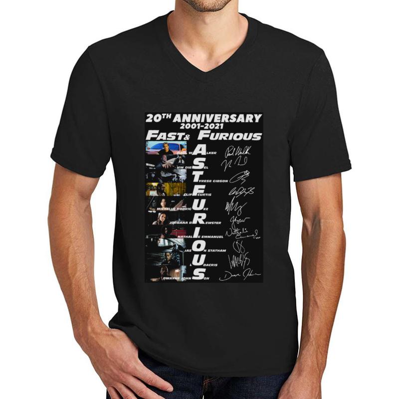 20Th Anniversary 2001 2021 Fast Furious Signatures Unisex V-Neck T-Shirt Men Black