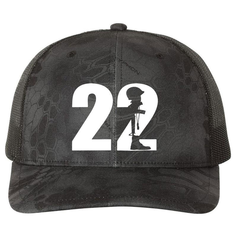 22 A Day Veteran Lives Matter Suicide Awareness Richardson Premium Trucker Snapback Cap  Kryptek Typhon Black