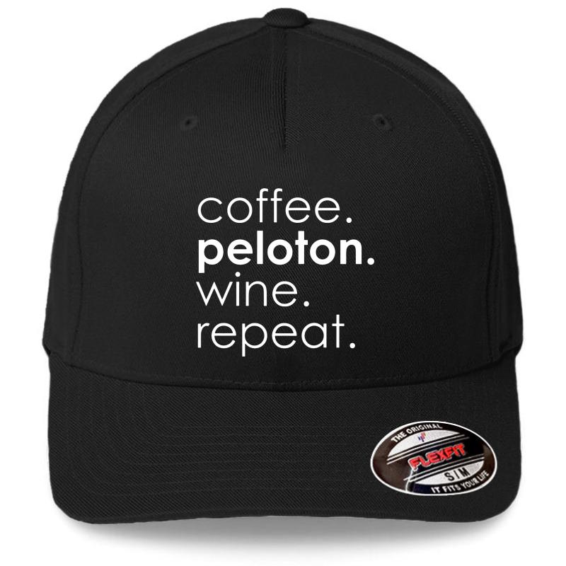 Womens Coffee. Peloton. Wine. Repeat Flexfit Baseball Cap  Black