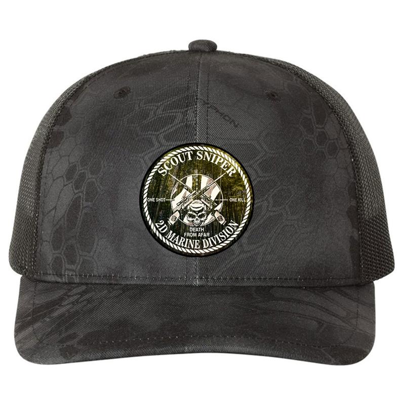 2Nd Division Marine Scout Sniper Richardson Premium Trucker Snapback Cap  Kryptek Typhon Black