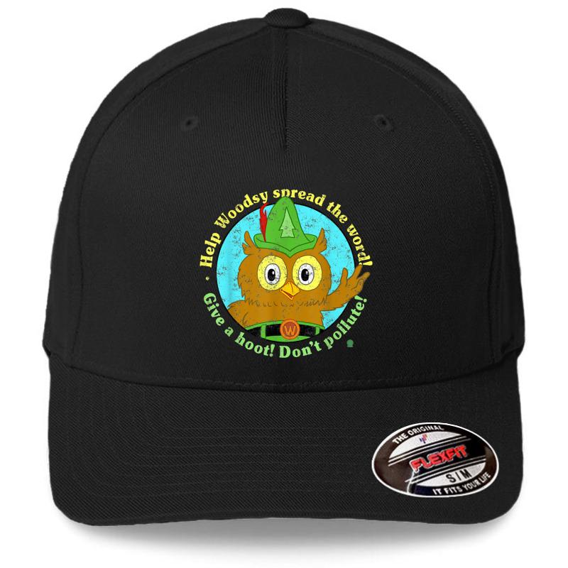 Woodsy Owl Give A Hoot Don't Pollute Distressed Flexfit Baseball Cap  Black