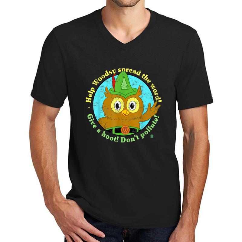 Woodsy Owl Give A Hoot Don't Pollute Distressed Unisex V-Neck T-Shirt Men Black