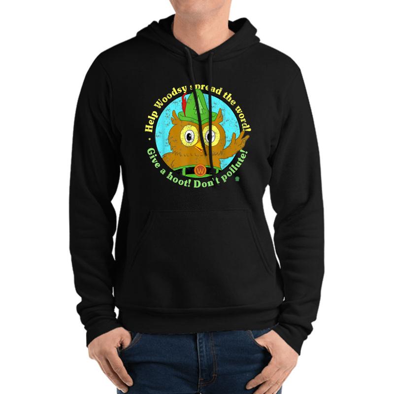 Woodsy Owl Give A Hoot Don't Pollute Distressed Unisex Hooded Sweatshirt Men Black