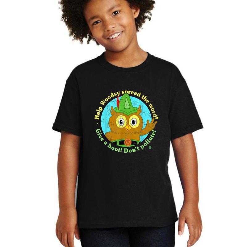 Woodsy Owl Give A Hoot Don't Pollute Distressed Youth T-Shirt Boy Black