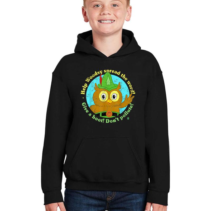 Woodsy Owl Give A Hoot Don't Pollute Distressed Youth Hooded Sweatshirt Boy Black