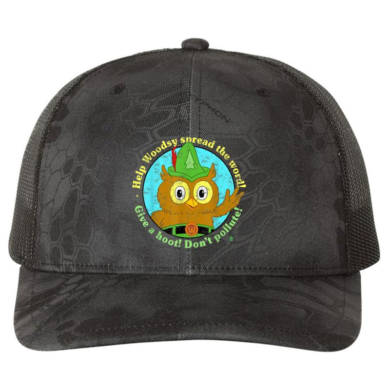 Woodsy Owl Give A Hoot Don't Pollute Distressed Richardson Premium Trucker Snapback Cap  Kryptek Typhon Black