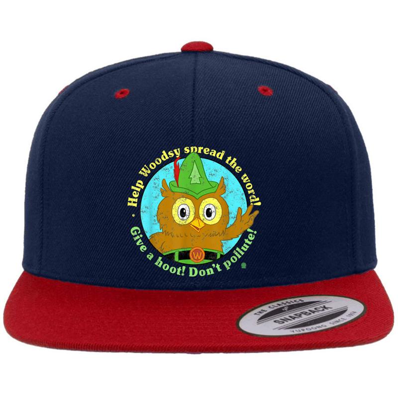 Woodsy Owl Give A Hoot Don't Pollute Distressed Premium Flat Bill Snapback Cap  Navy