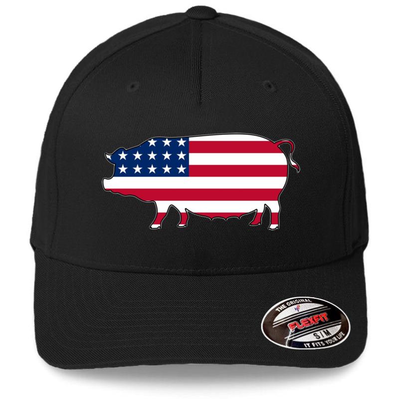 American Flag Pig Flexfit Baseball Cap  Black