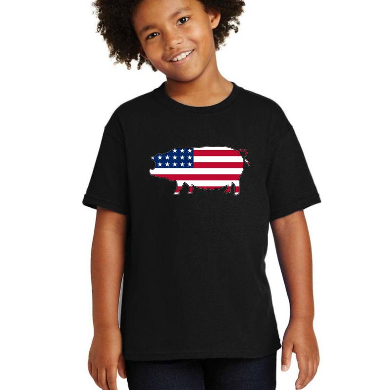 American Flag Pig Youth T-Shirt Boy Black