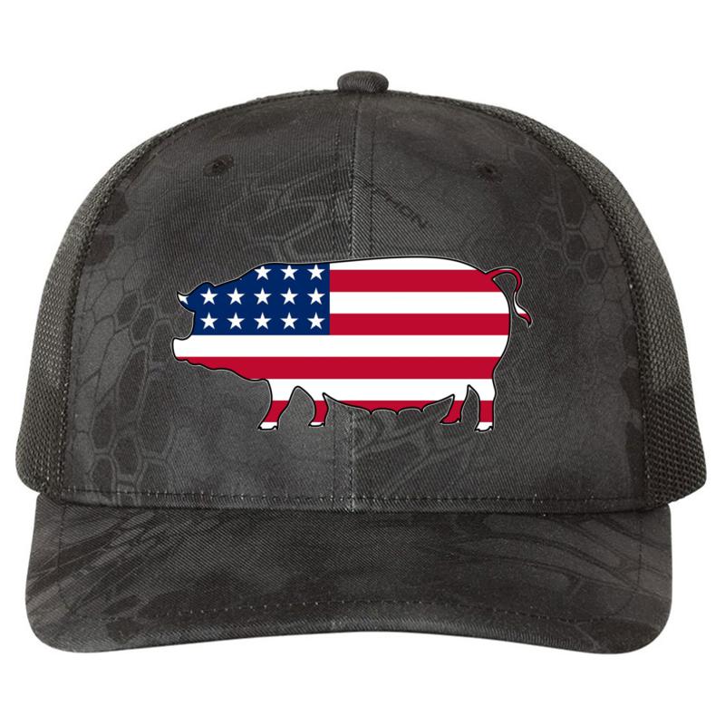 American Flag Pig Richardson Premium Trucker Snapback Cap  Kryptek Typhon Black