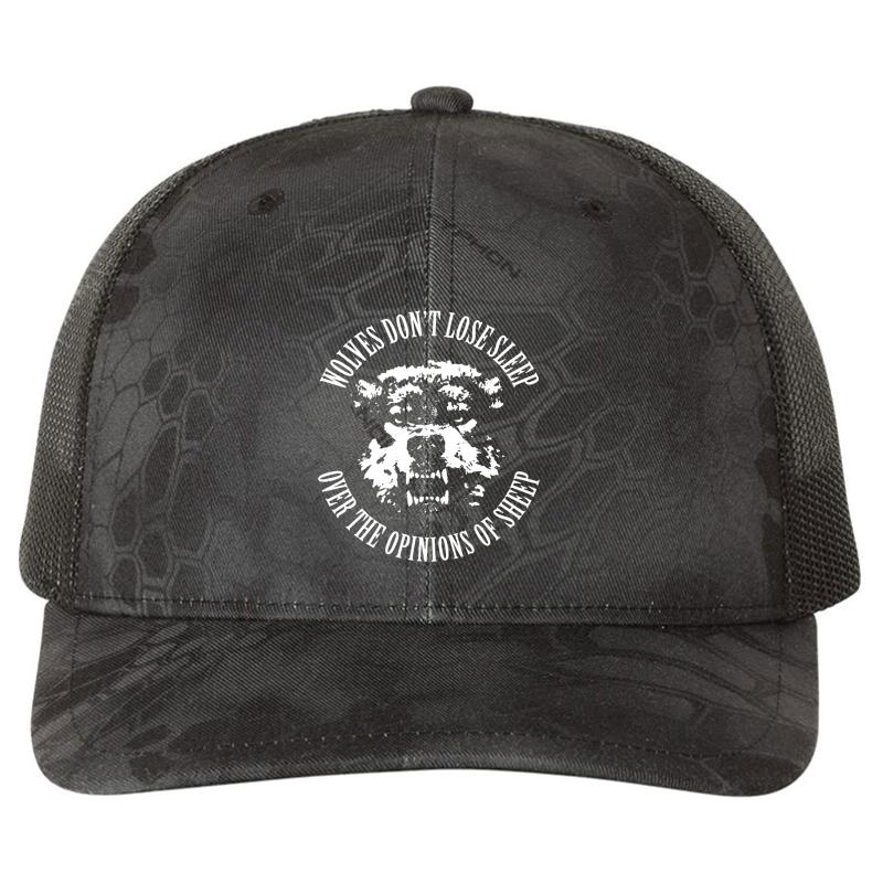 Wolves Don't Lose Sleep Over The Opinions Of Sheep Richardson Premium Trucker Snapback Cap  Kryptek Typhon Black