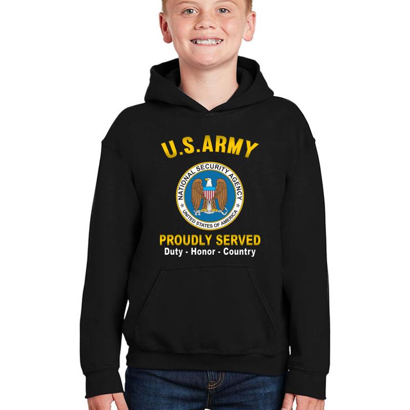 U.S Army National Security Agency Proudly Served Duty Honor Country Proudly Served Core Values Youth Hooded Sweatshirt Boy Black