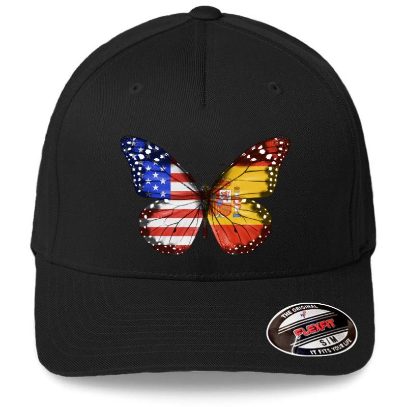 American Spanish Butterfly With The America Spain Flag On Wings Flexfit Baseball Cap  Black